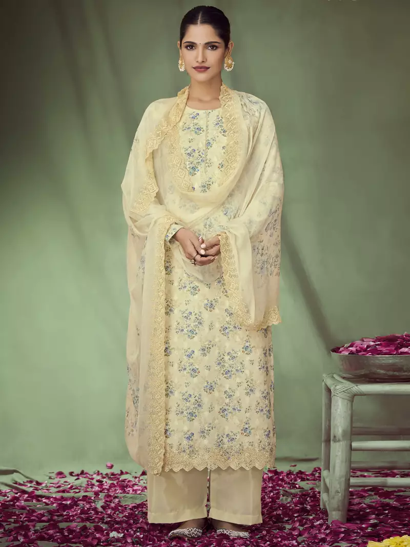 Yellow embroidered jacquard salwar