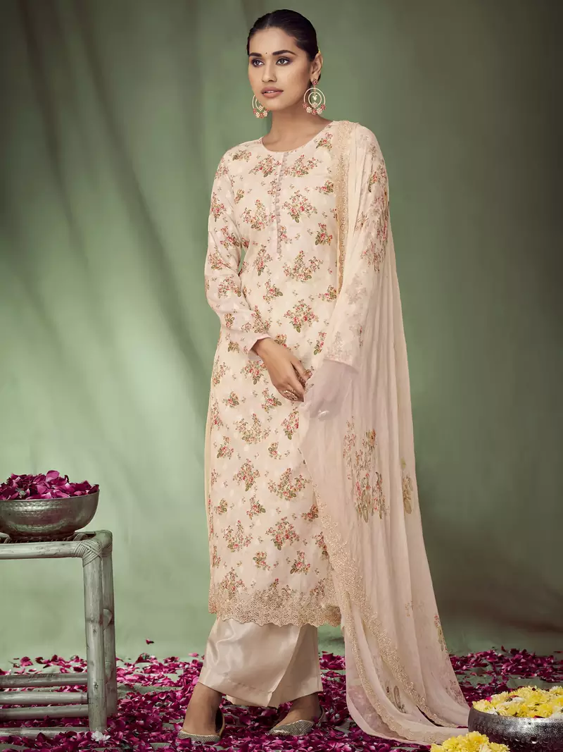 Beige embroidered jacquard salwar