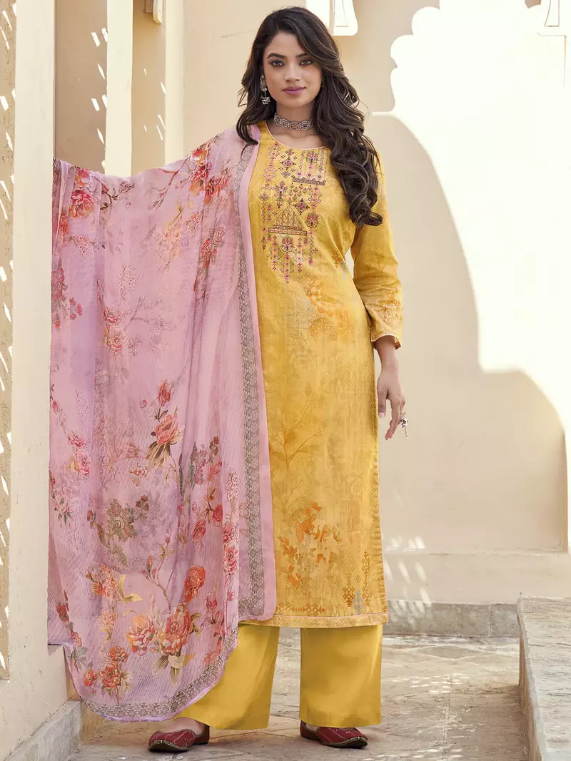 Yellow embroidered cotton salwar