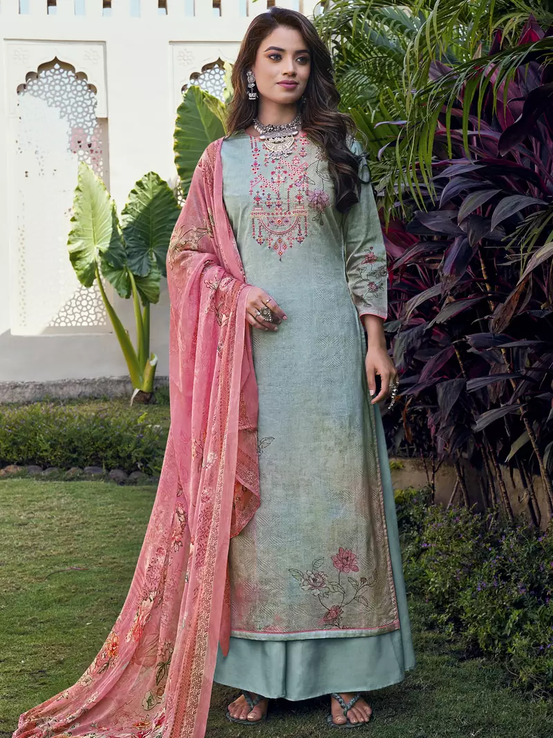 Turquoise embroidered cotton salwar