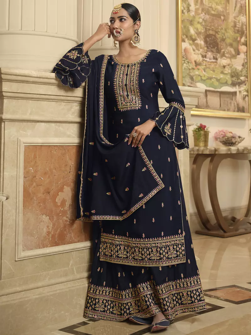 Navy blue embroidered jacquard salwar