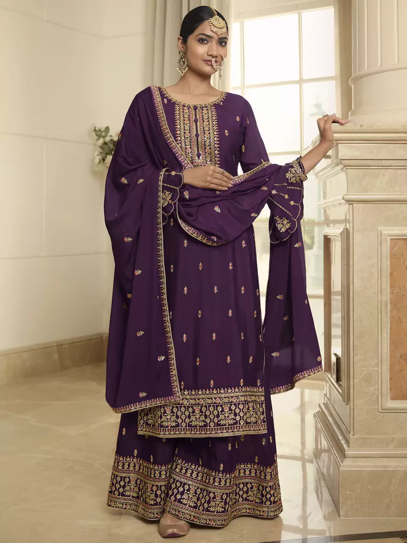 Purple embroidered chiffon salwar
