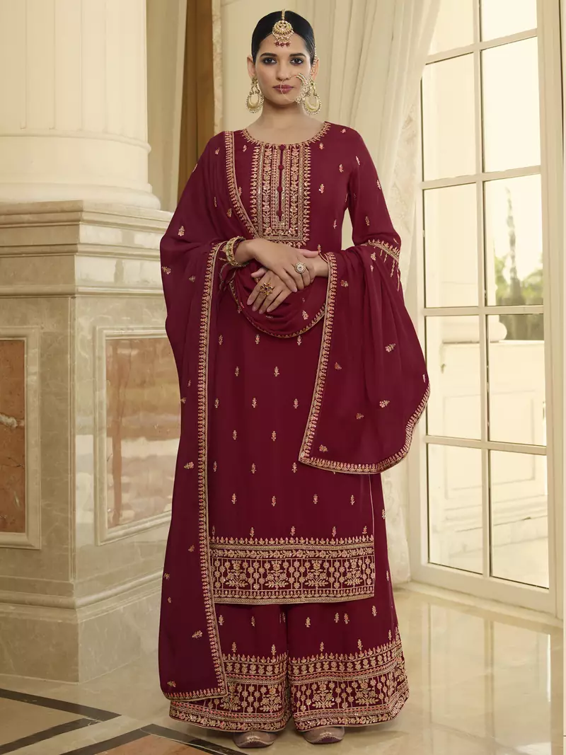 Maroon embroidered chiffon salwar
