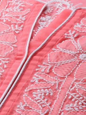 Ada Hand Crafted Carrot Pink Georgette Lucknowi Chikankari Indian Women Kurta With Slip - A235642 3