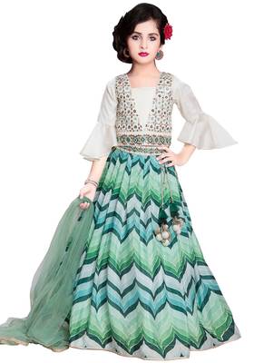 White Button Green Leriya Digital Print Embroidery Satin Silk Ready Made Designer Lehenga Choli For Kids Girls 1