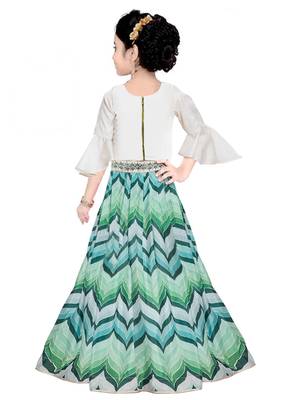 White Button Green Leriya Digital Print Embroidery Satin Silk Ready Made Designer Lehenga Choli For Kids Girls 2