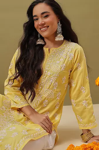 Hand Embroidered Yellow Pure Cambric Cotton Lucknow Chikankari Women Kurta