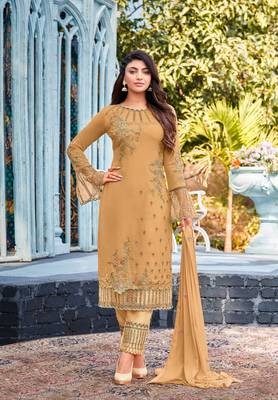 Aria Fabrics Mustard  Embroideried Semi Stitched Salwar Suit 1