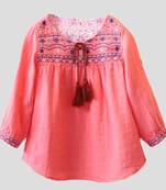 White Button Latest Pink Embroidery Summer Cotton top for Girls