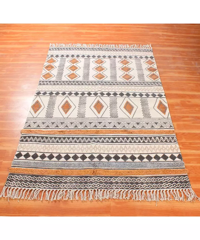 4x6 Ft Hand Dabu Print Rug Boho Kilim Area Rug Indoor Lounge Decor Flat Woven