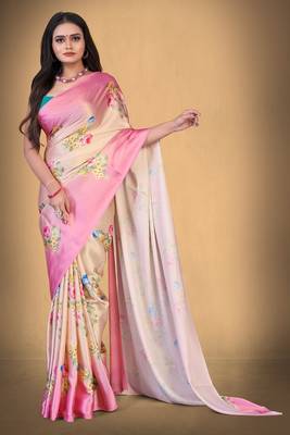 Baby Pink Printed Satin Saree With Blouse 1