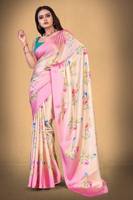 Baby Pink Printed Satin Saree With Blouse 2