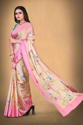 Baby Pink Printed Satin Saree With Blouse 3