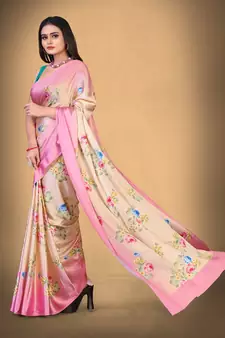 Baby Pink Printed Satin Saree With Blouse