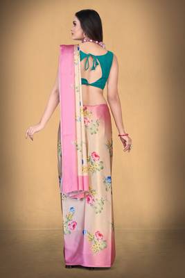 Baby Pink Printed Satin Saree With Blouse 4