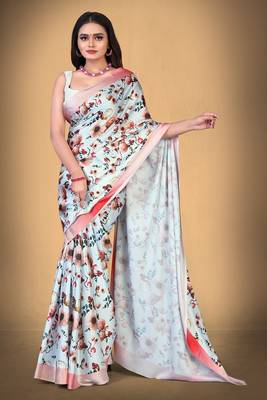 White Printed Satin Saree With Blouse 1