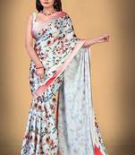 White Printed Satin Saree With Blouse