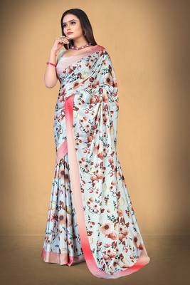 White Printed Satin Saree With Blouse 2