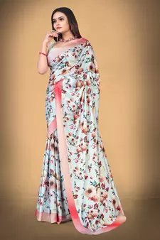 White Printed Satin Saree With Blouse
