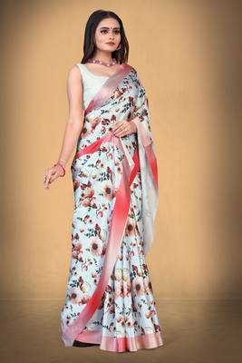 White Printed Satin Saree With Blouse 3