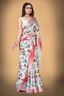 White Printed Satin Saree With Blouse