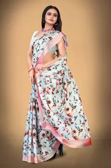 White Printed Satin Saree With Blouse