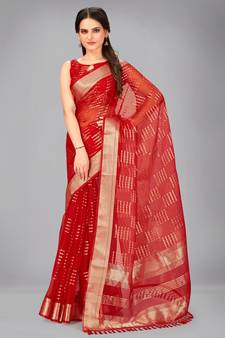 Red woven silk saree with blouse