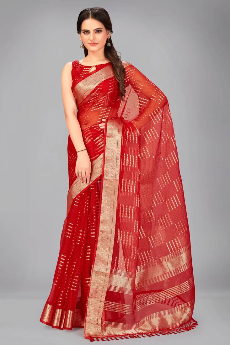 Red woven silk saree with blouse