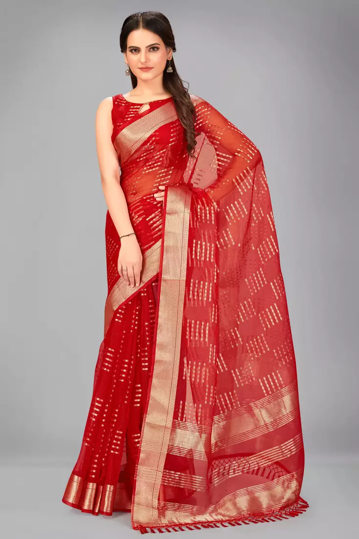 Red woven silk saree with blouse