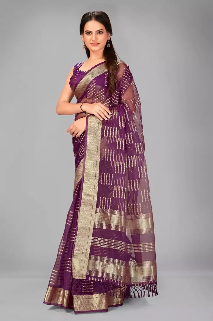 Purple woven silk saree with blouse