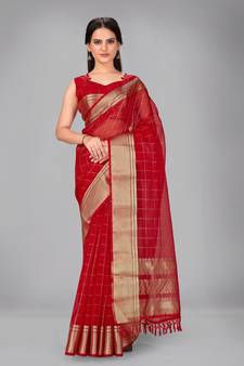 Red woven silk saree with blouse