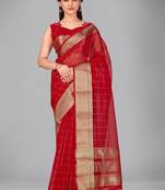 Red woven silk saree with blouse