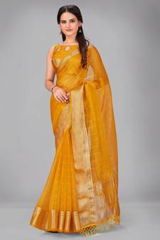Yellow woven silk saree with blouse
