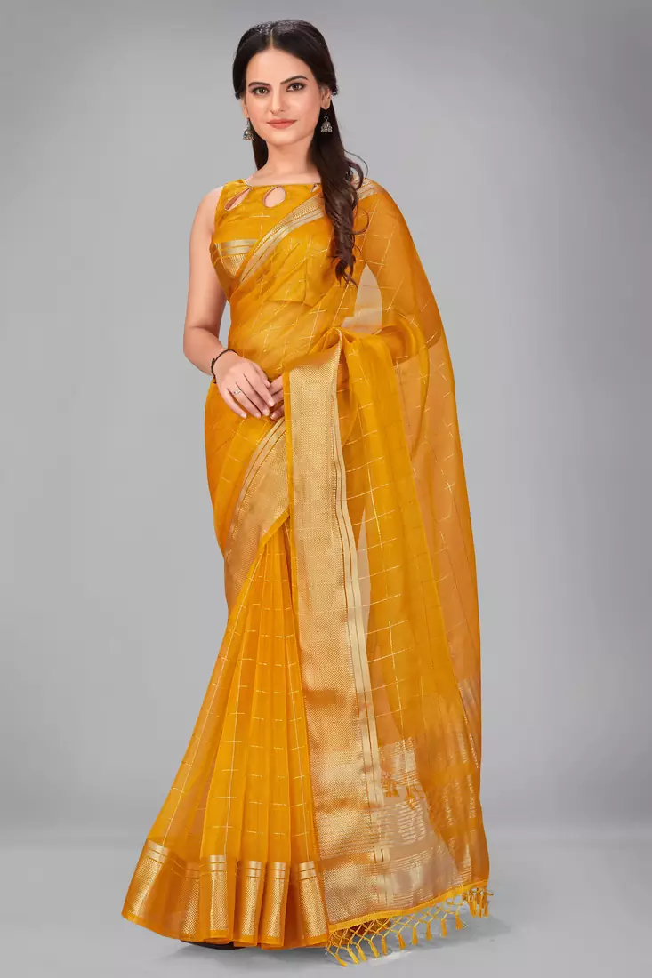 Yellow woven silk saree with blouse