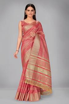 Pink woven silk saree with blouse
