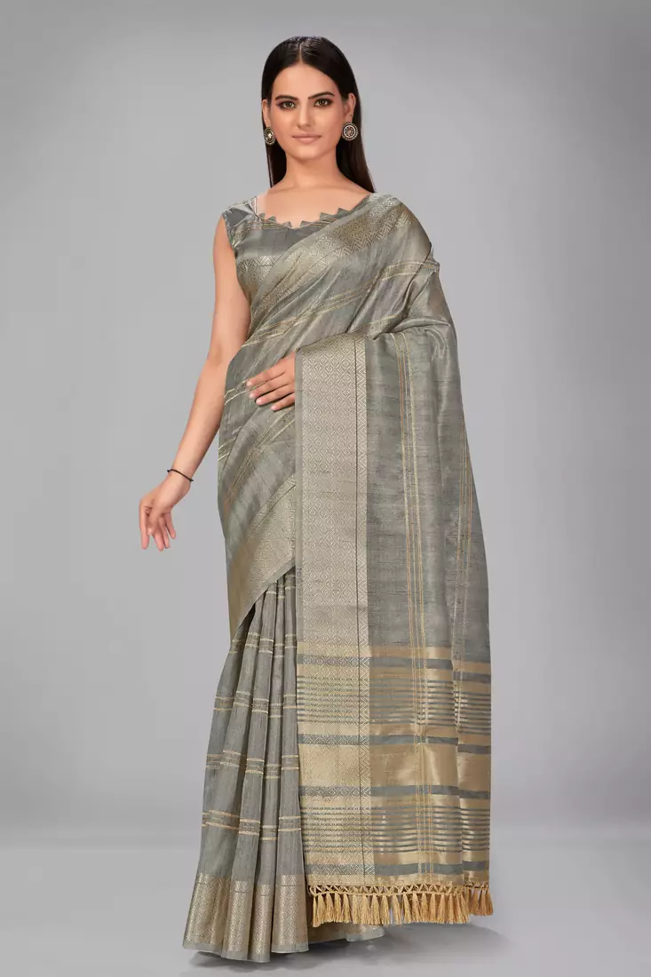 Grey woven silk saree with blouse