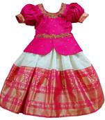 White Buttpn Pink N WHite Checks Embroidery South Indian Pavdai Pattu Lehenga Choli For Kids Girls