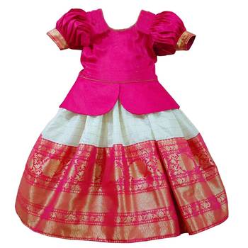 White Buttpn Pink N WHite Checks Embroidery South Indian Pavdai Pattu Lehenga Choli For Kids Girls 2