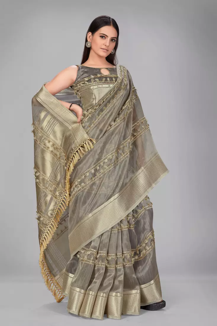 Grey woven silk saree with blouse