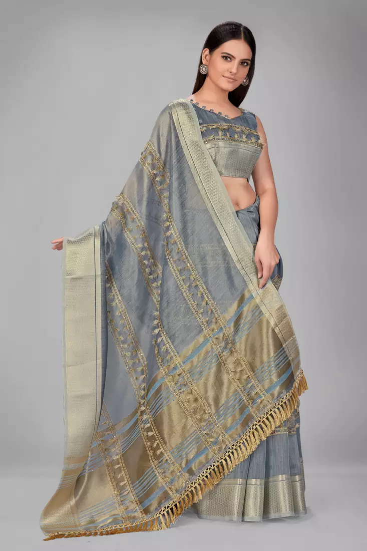 Light blue woven silk saree with blouse