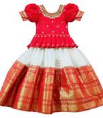 Silk Zari Embroidered White and Red Kids Pattu Pavadai