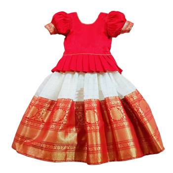 Silk Zari Embroidered White and Red Kids Pattu Pavadai 2