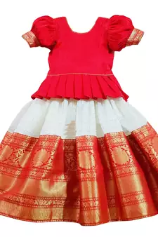 Silk Zari Embroidered White and Red Kids Pattu Pavadai