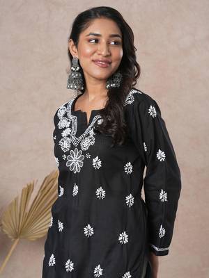 Hand Crafted Black Cotton Lucknowi Chikankari Indian Women Kurta 7