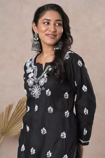 Hand Crafted Black Cotton Lucknowi Chikankari Indian Women Kurta