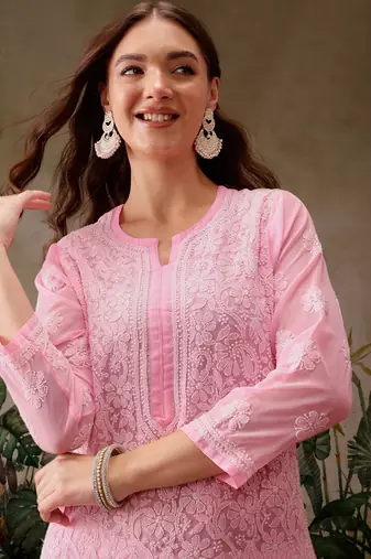 Hand Crafted Baby Pink Georgette Lucknowi Chikankari Indian Women Kurta