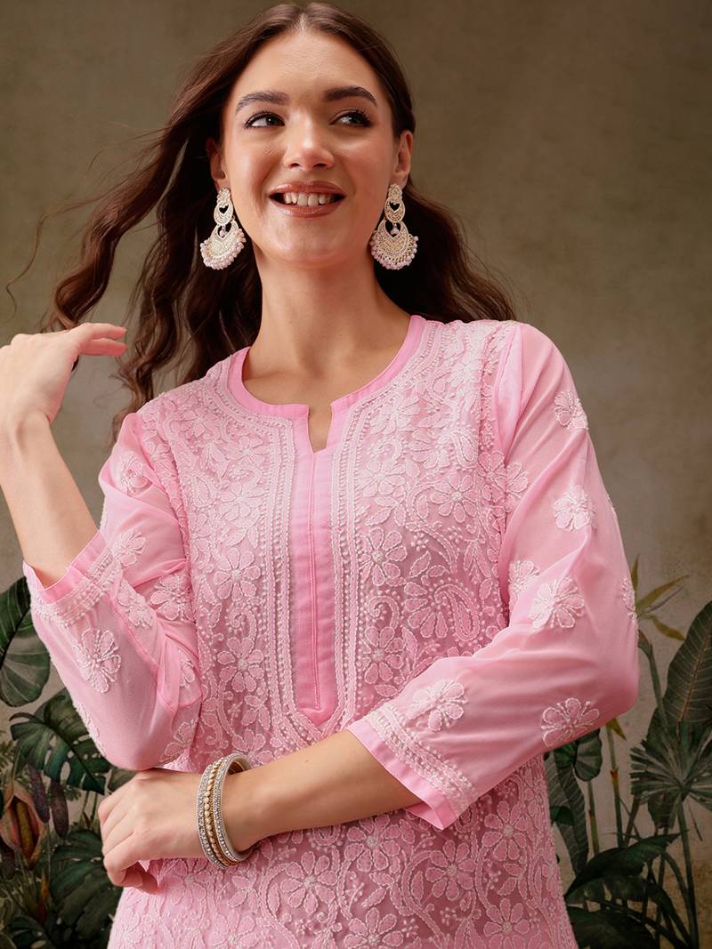 Hand Crafted Baby Pink Georgette Lucknowi Chikankari Indian Women Kurta