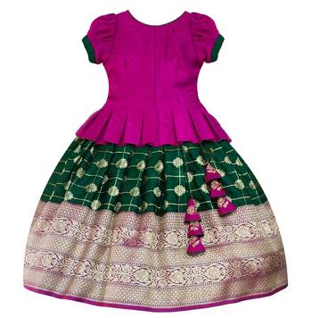 White Button Rani Green Cotton Embroidery jequard Silk South Indian Style Pavadai pattu Lehenga Choli For kids Girls 2