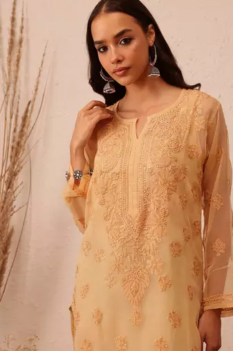 Hand Embroidered Fawn Georgette Lucknowi Chikankari Indian Women Kurta With Slip