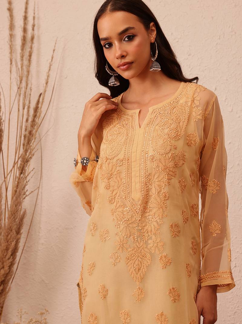 Hand Embroidered Fawn Georgette Lucknowi Chikankari Indian Women Kurta With Slip